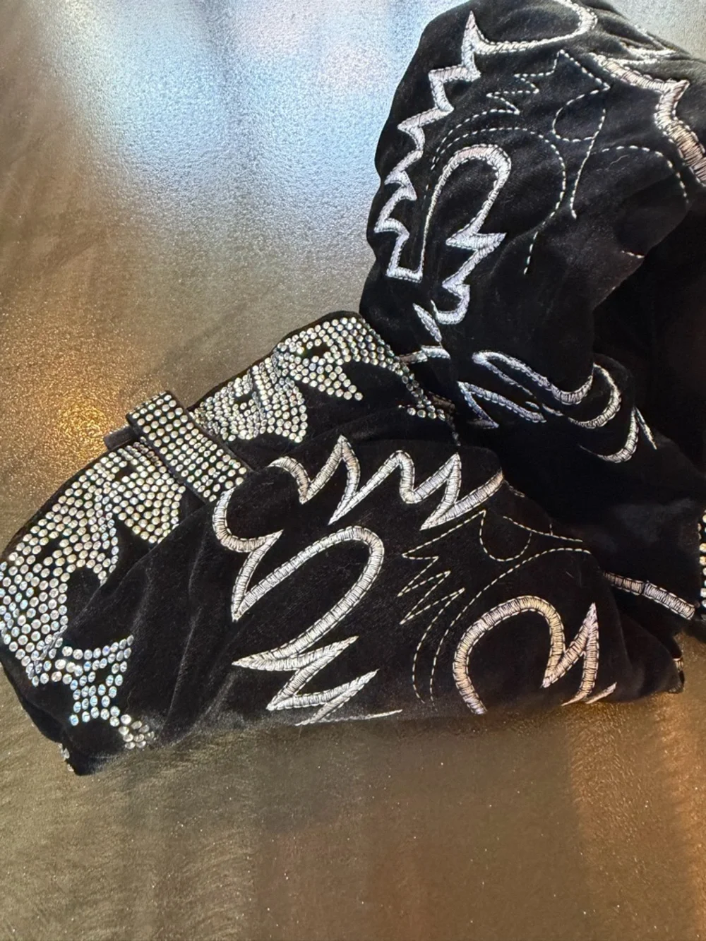 Black Velvet Rhinestone Embroidered Over-the-Knee Western Cowboy Boots Sz 8.5